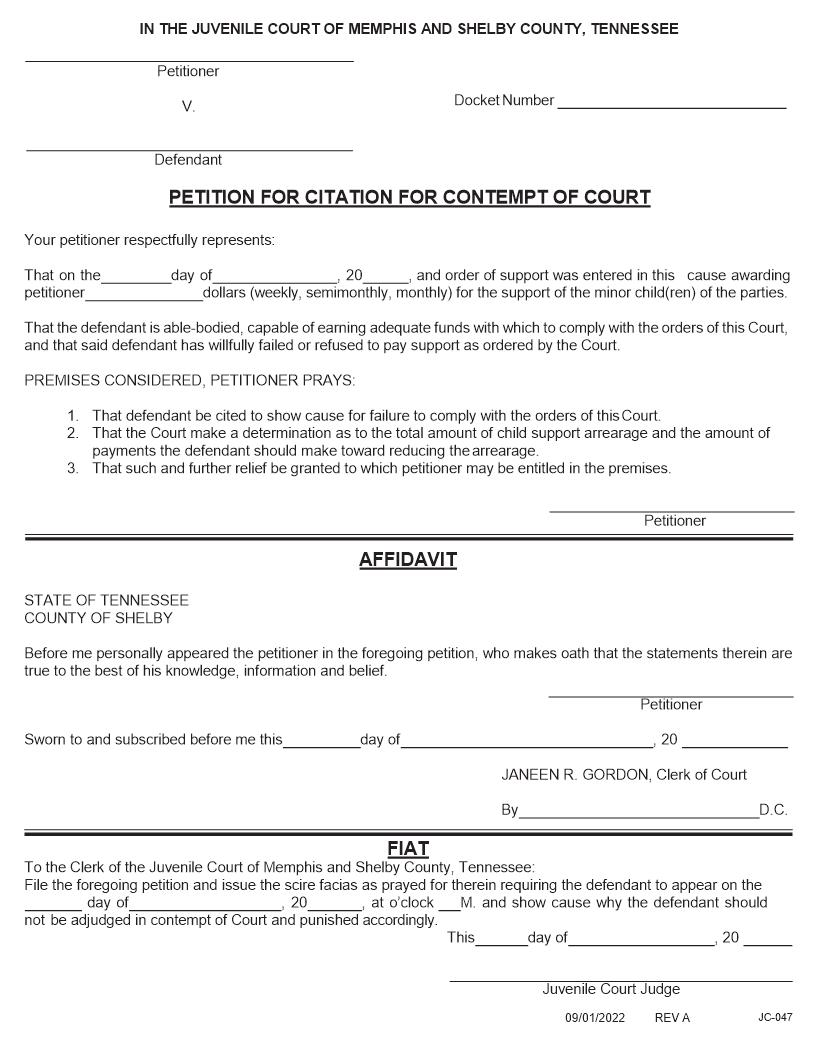 Petition For Citation For Contempt Of Court Failure To Comply {JC-047} | Pdf Fpdf Docx | Tennessee