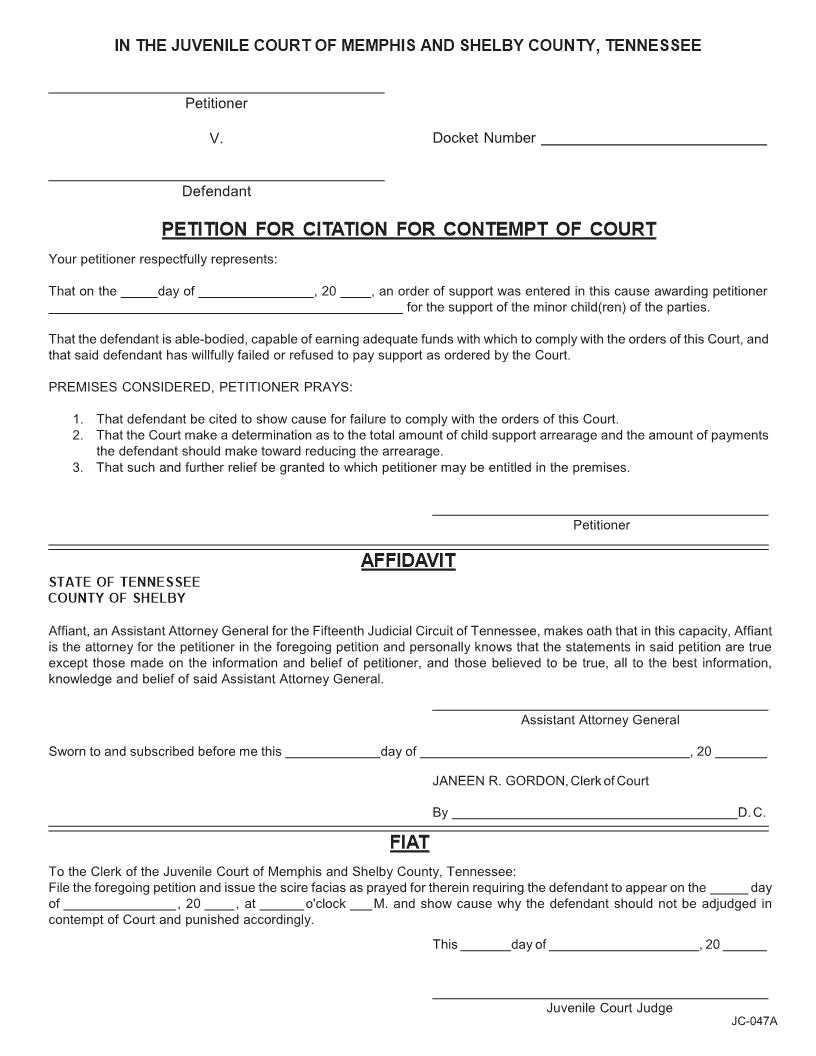 Petition For Citation For Contempt Of Court For Child Support {JC-047A} | Pdf Fpdf Docx | Tennessee