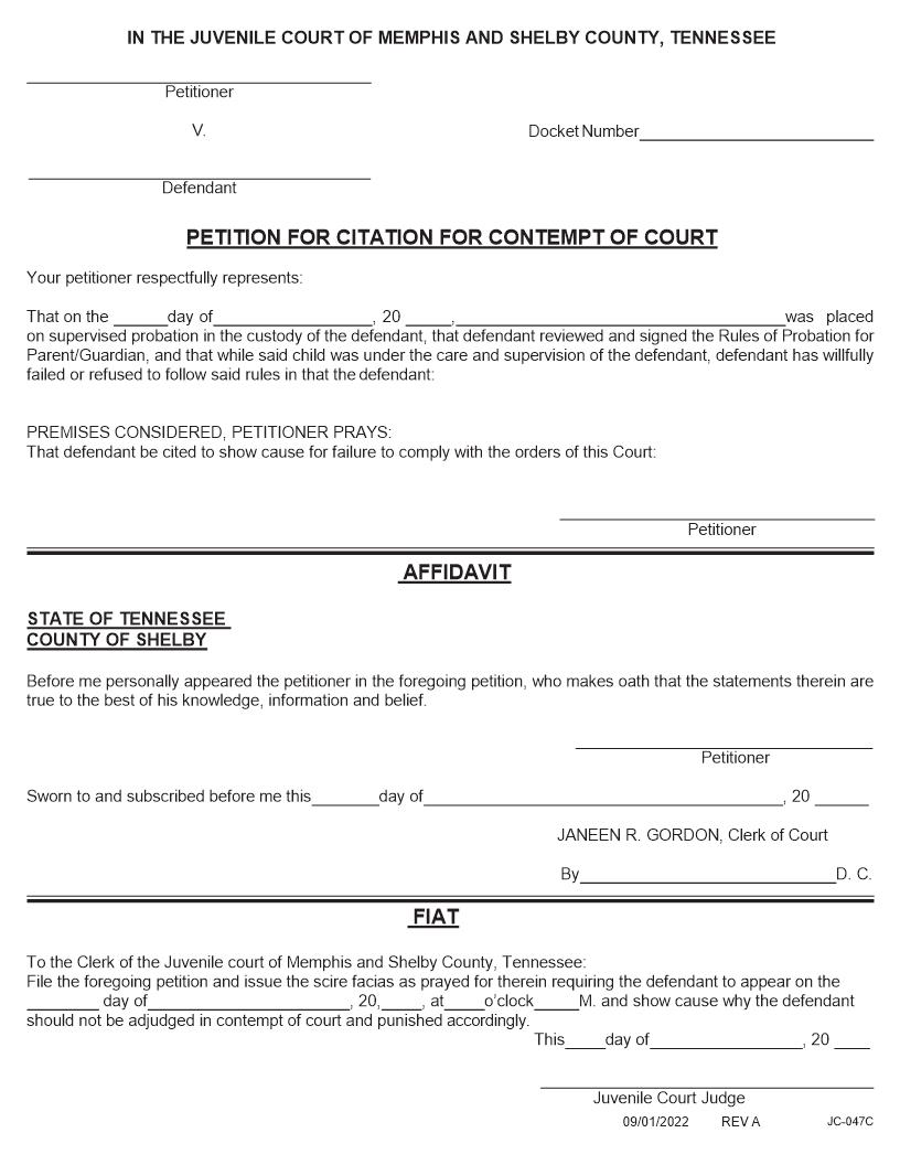 Petition For Citation For Contempt Of Court Violation Of Probation {JC-047C} | Pdf Fpdf Docx | Tennessee