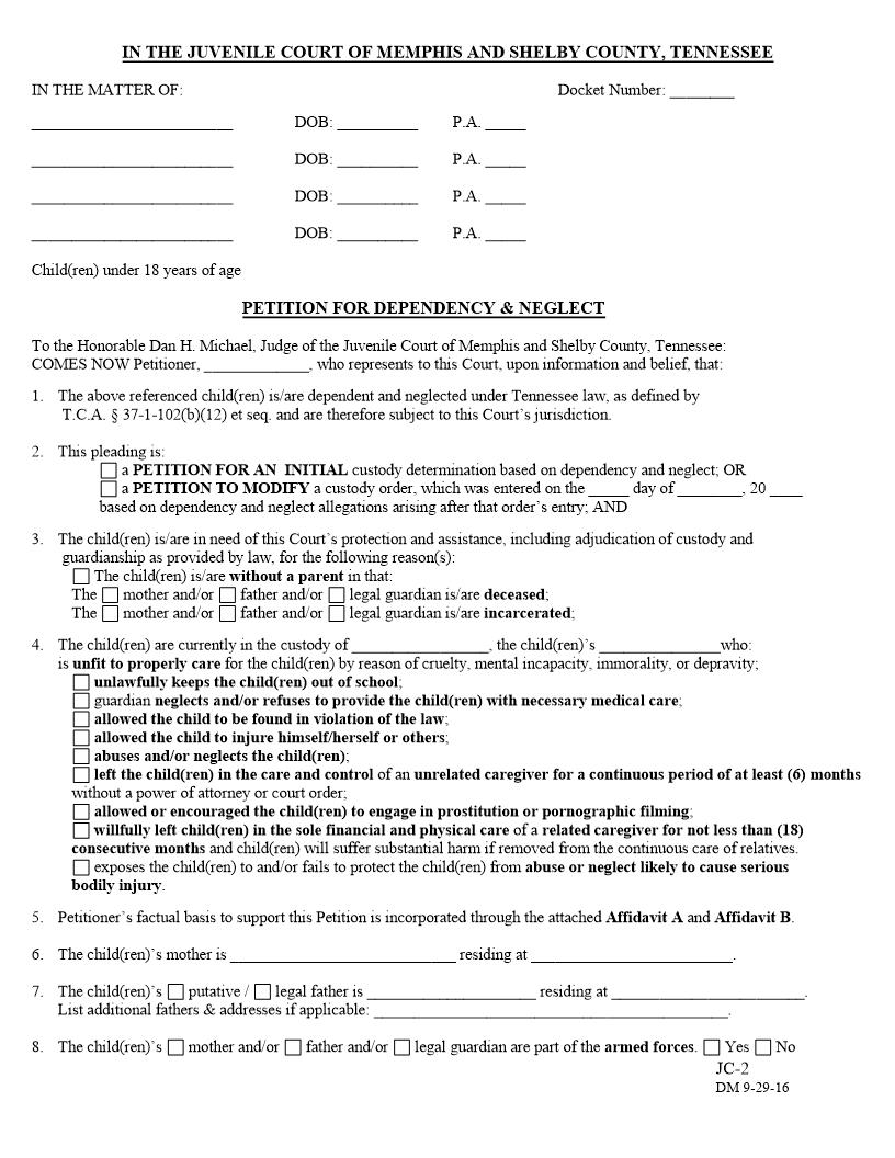 Petition For Dependency And Neglect {JC-2} | Pdf Fpdf Docx | Tennessee