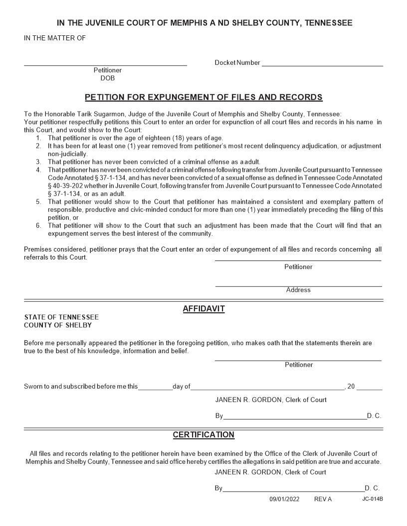 Petition For Expungement Of Files And Records {JC-014B} | Pdf Fpdf Docx | Tennessee