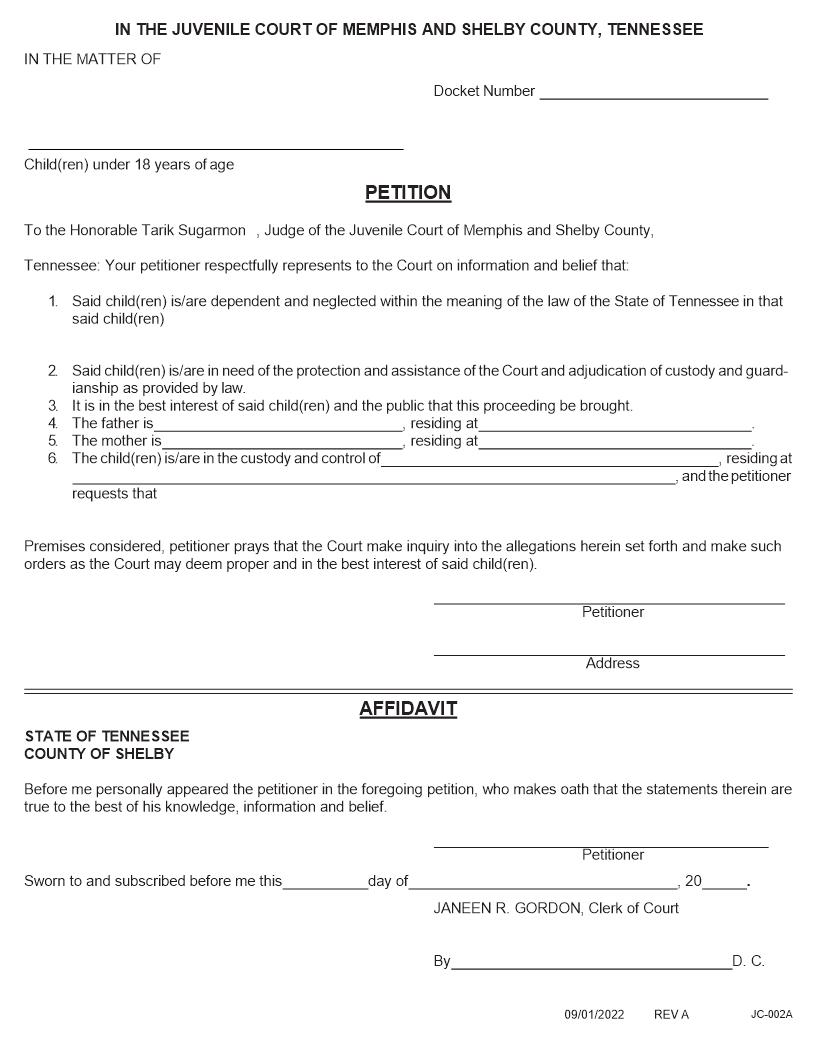 Petition For Hospitalization Of Mentally Ill Child {JC-002A} | Pdf Fpdf Docx | Tennessee