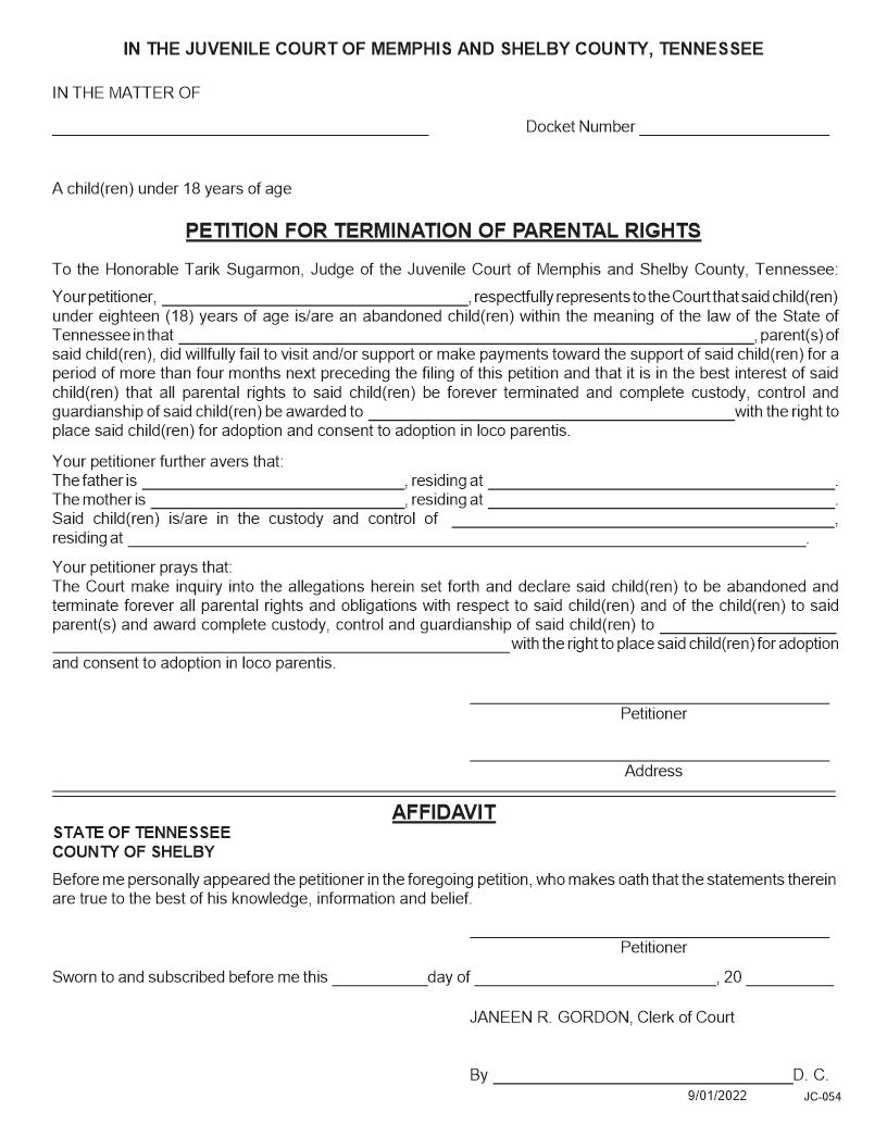 Petition For Termination Of Parental Rights {JC-054} | Pdf Fpdf Docx | Tennessee