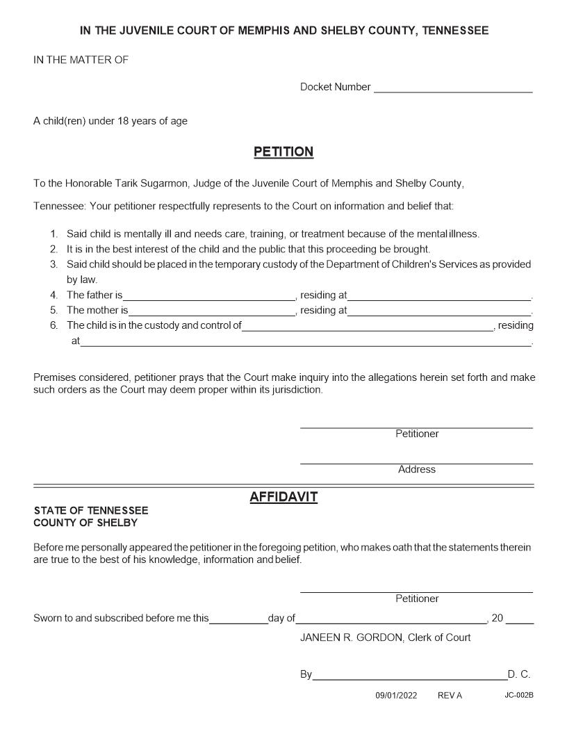 Petition To Commit Mentally Ill Child {JC-002B} | Pdf Fpdf Docx | Tennessee