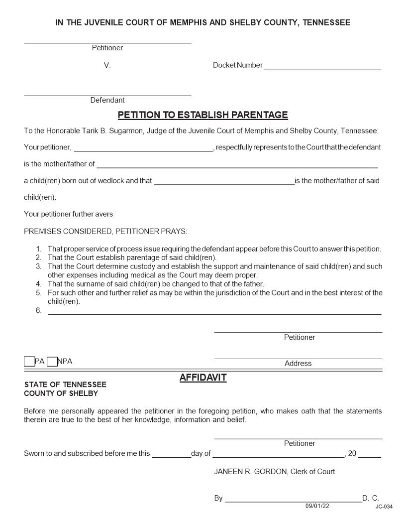 Petition To Establish Parentage {JC-034} | Pdf Fpdf Docx | Tennessee