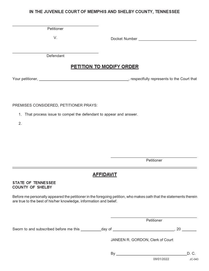 Petition To Modify Order And Compel Defendant To Appear {JC-043} | Pdf Fpdf Docx | Tennessee