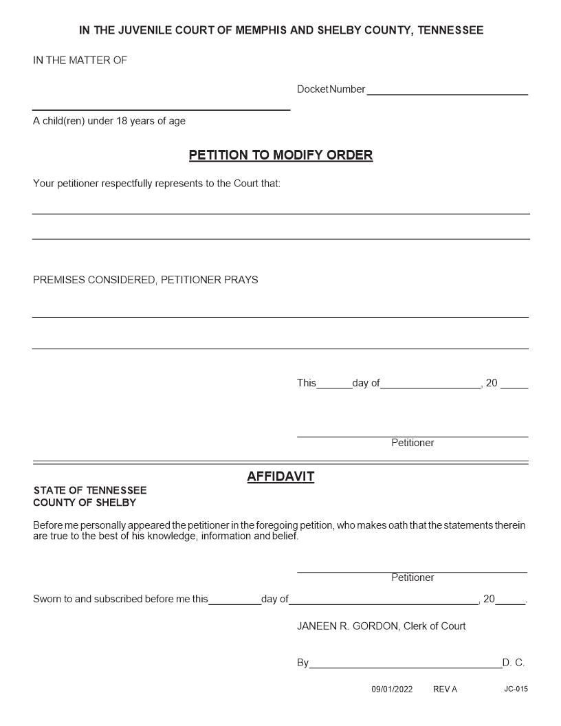 Petition To Modify Order In Childrens Cases {JC-015} | Pdf Fpdf Docx | Tennessee