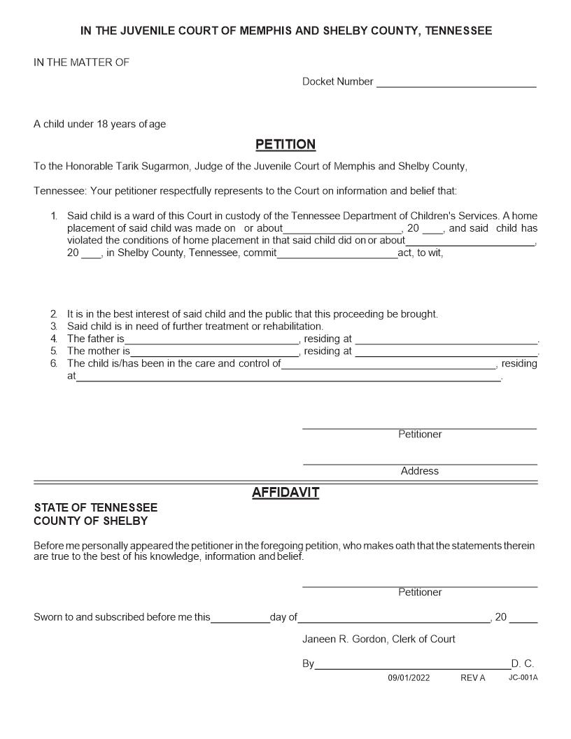 Petition Unruly And Delinquent Court Ward {JC-001A} | Pdf Fpdf Docx | Tennessee