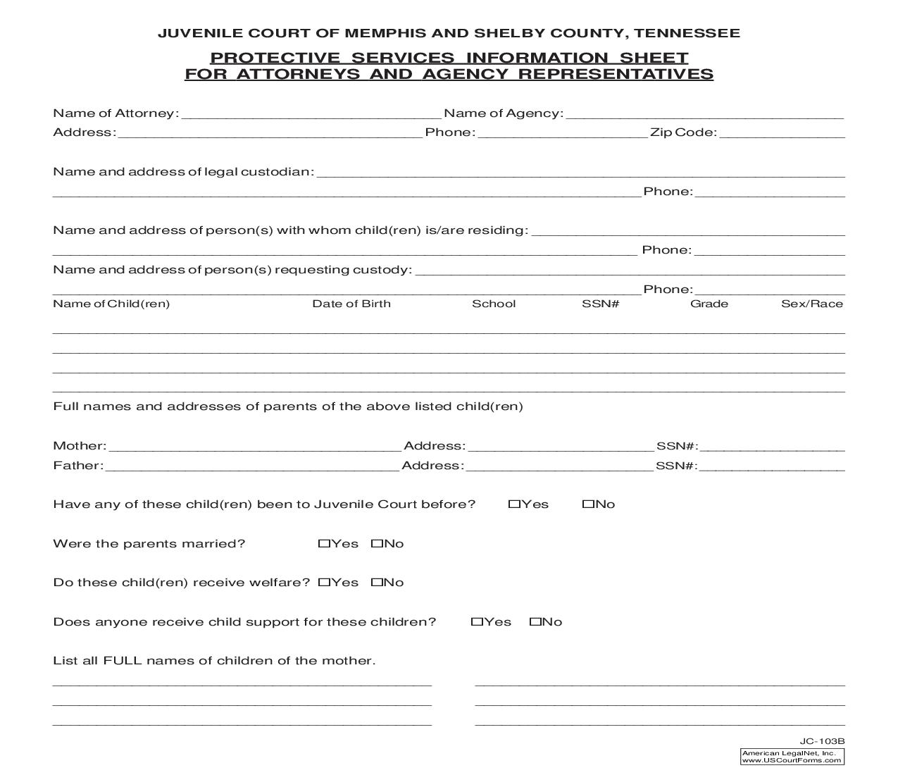 Protective Services Information Sheet For Attorneys And Agency Representatives {JC-103B} | Pdf Fpdf Doc Docx | Tennessee