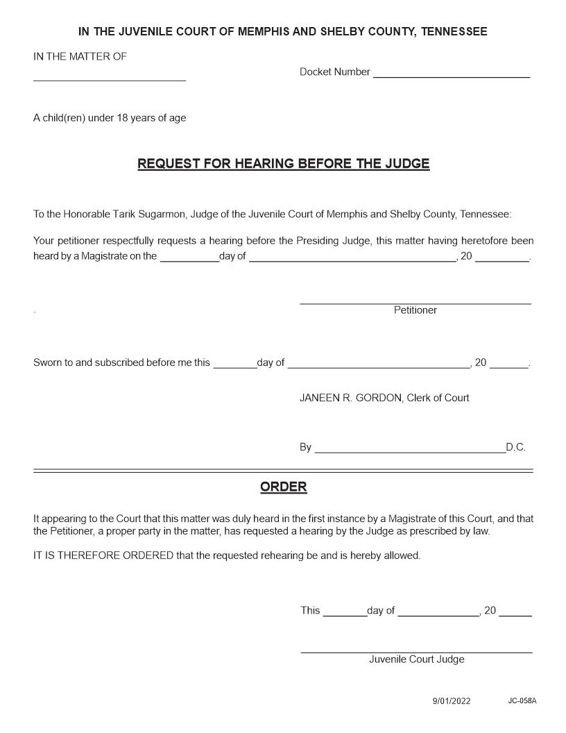 Request For Hearing Before The Judge {JC-058A} | Pdf Fpdf Docx | Tennessee