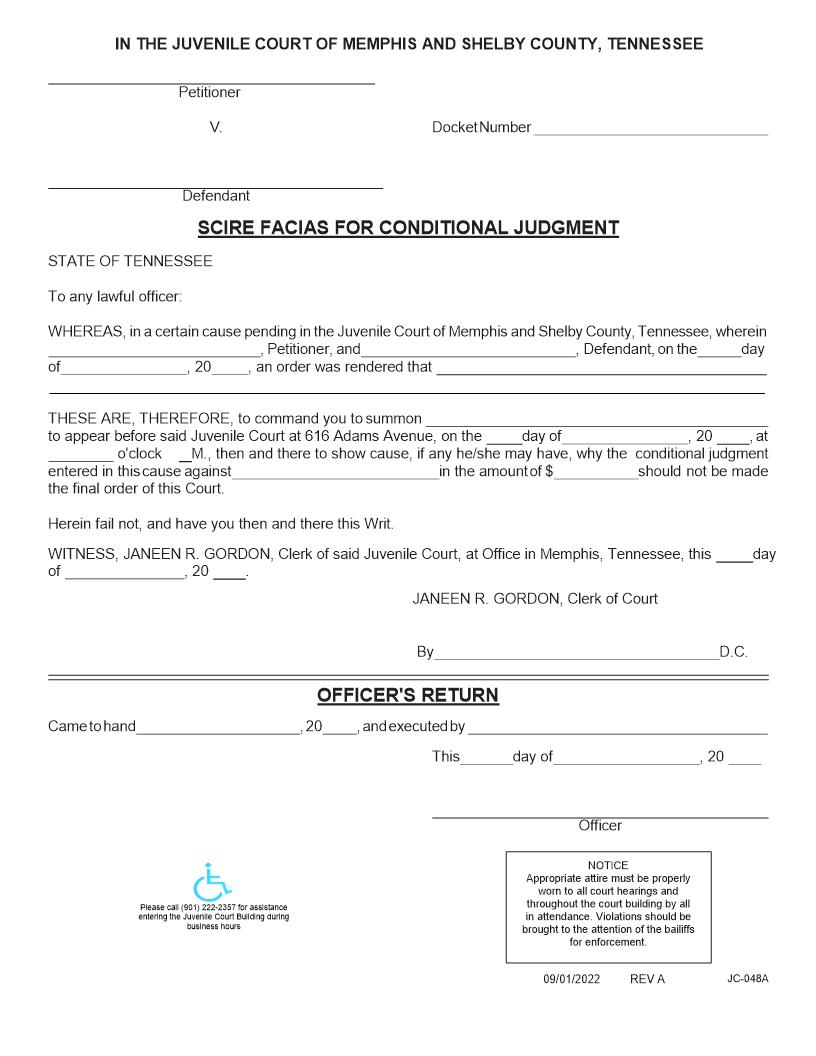 Scire Facias For Conditional Judgment {JC-048A} | Pdf Fpdf Docx | Tennessee