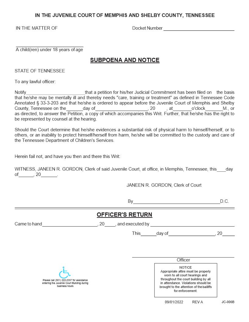 Subpoena And Notice For Judicial Commitment To DCS {JC-6B} | Pdf Fpdf Docx | Tennessee