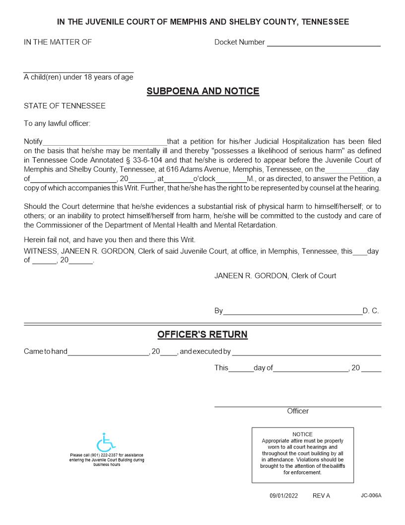 Subpoena And Notice For Judicial Commitment To DMH {JC-6A} | Pdf Fpdf Docx | Tennessee