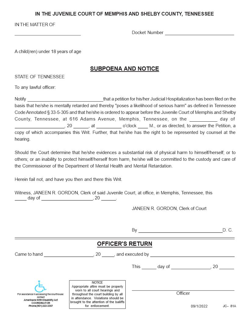 Subpoena And Notice To Commit Child That Has Committed Crime {JC-81A} | Pdf Fpdf Docx | Tennessee