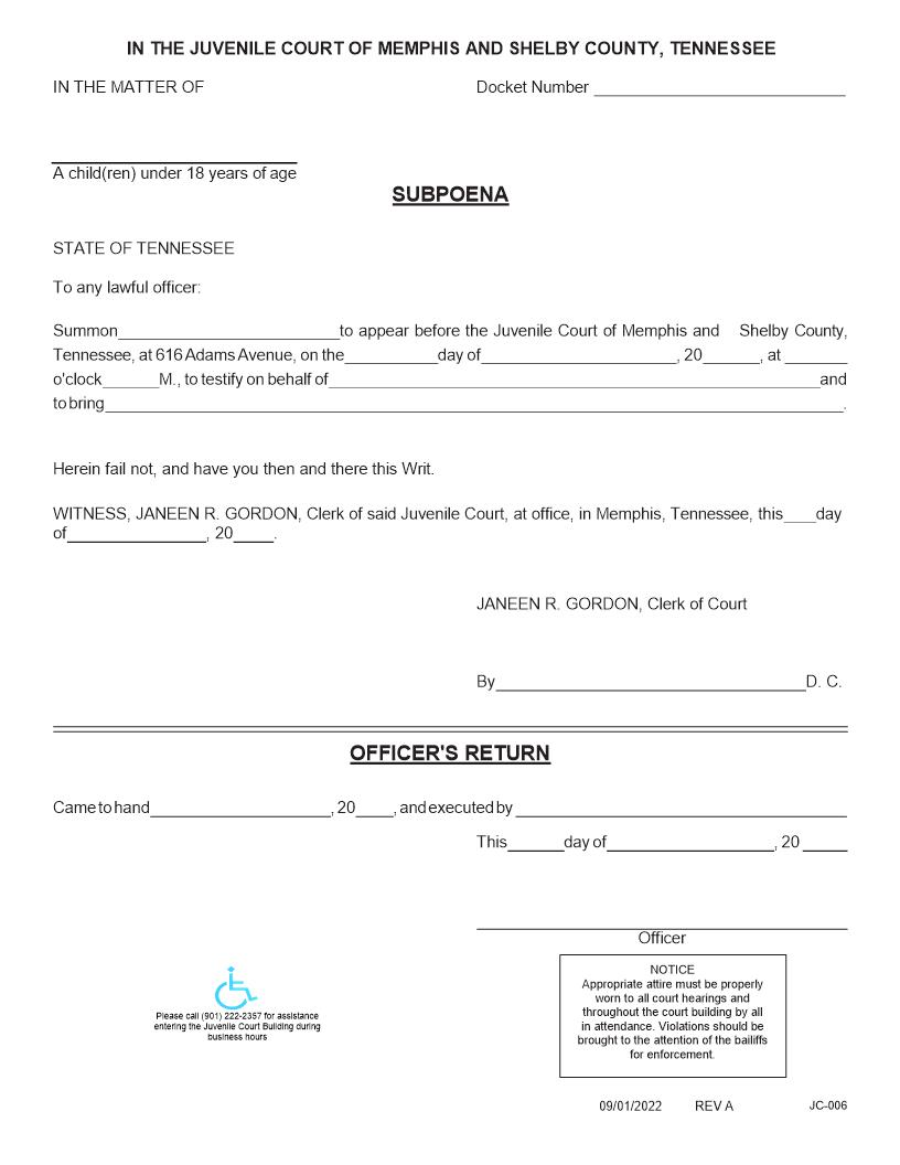 Subpoena To Appear {JC-6} | Pdf Fpdf Doc Docx | Tennessee