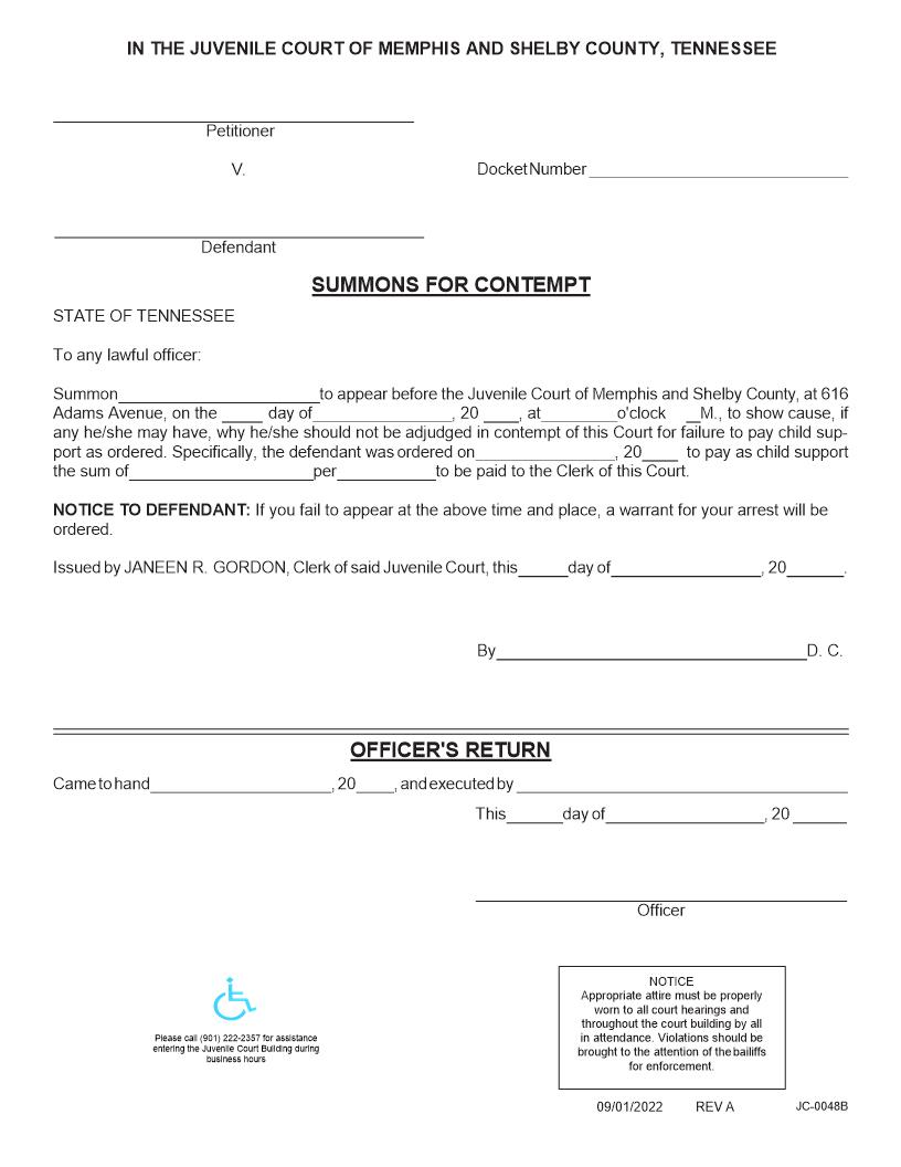 Summons For Contempt {JC-48B} | Pdf Fpdf Docx | Tennessee