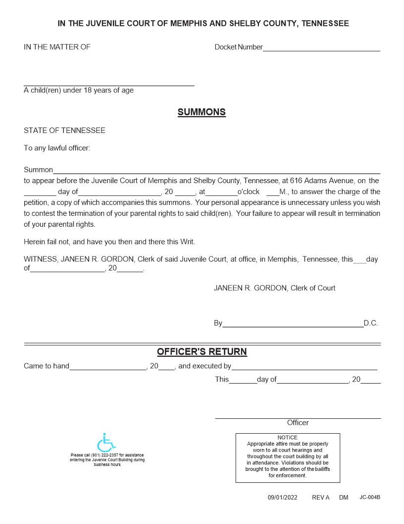 Summons For Termination Of Parental Rights {JC-4B} | Pdf Fpdf Docx | Tennessee