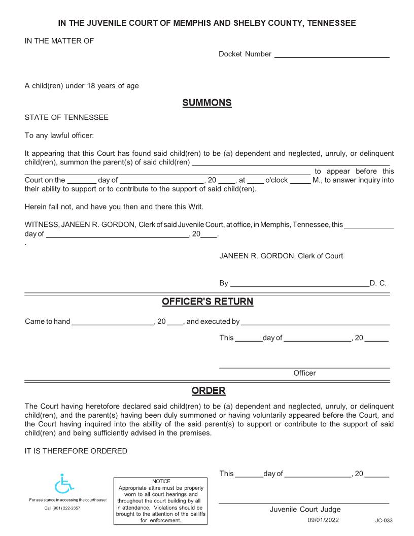 Summons Of Parents To Appear {JC-33} | Pdf Fpdf Docx | Tennessee