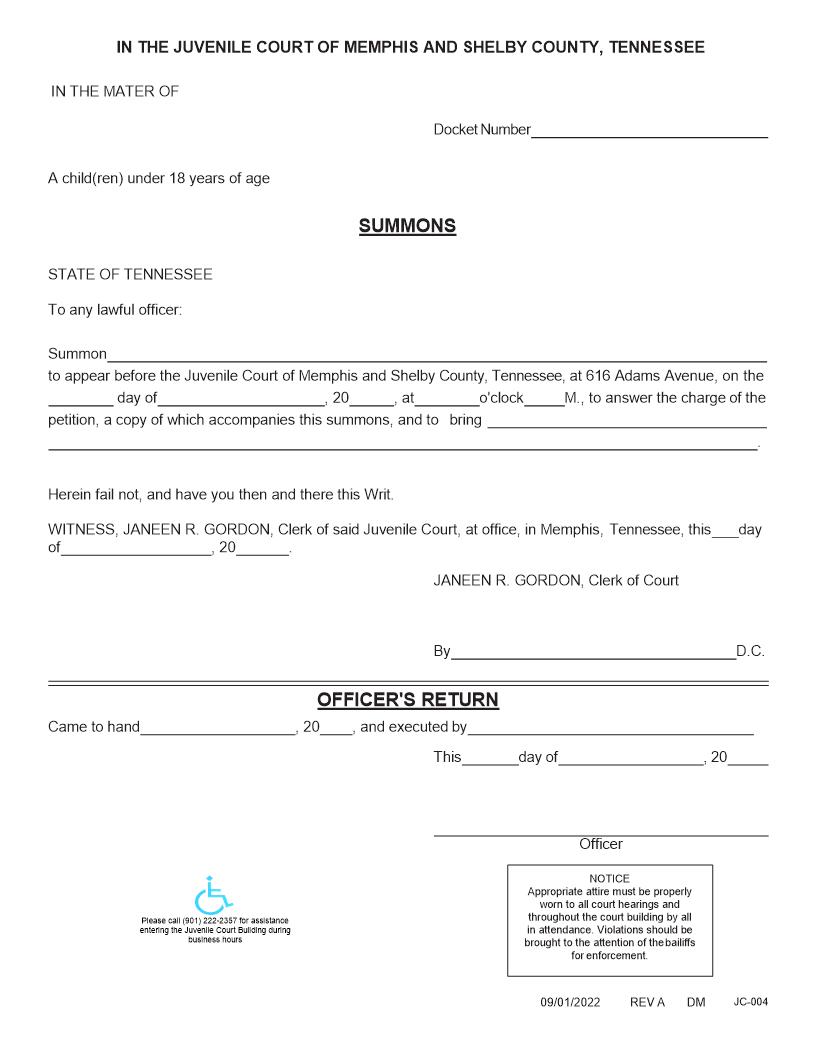 Summons To Appear {JC-4} | Pdf Fpdf Docx | Tennessee