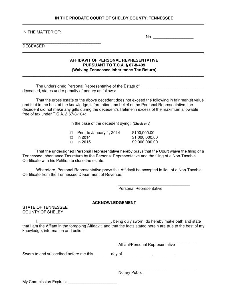Affidavit Of Personal Representative Pursuant To TCA Section 67-8-409 | Pdf Fpdf Docx | Tennessee