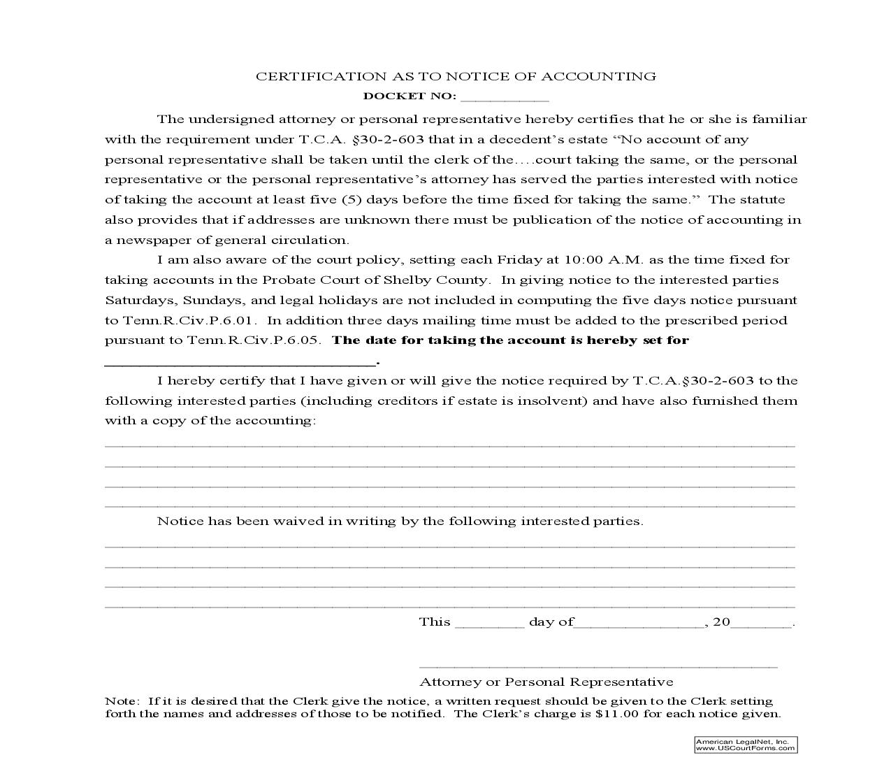 Certification As To Notice Of Accounting | Pdf Fpdf Doc Docx | Tennessee