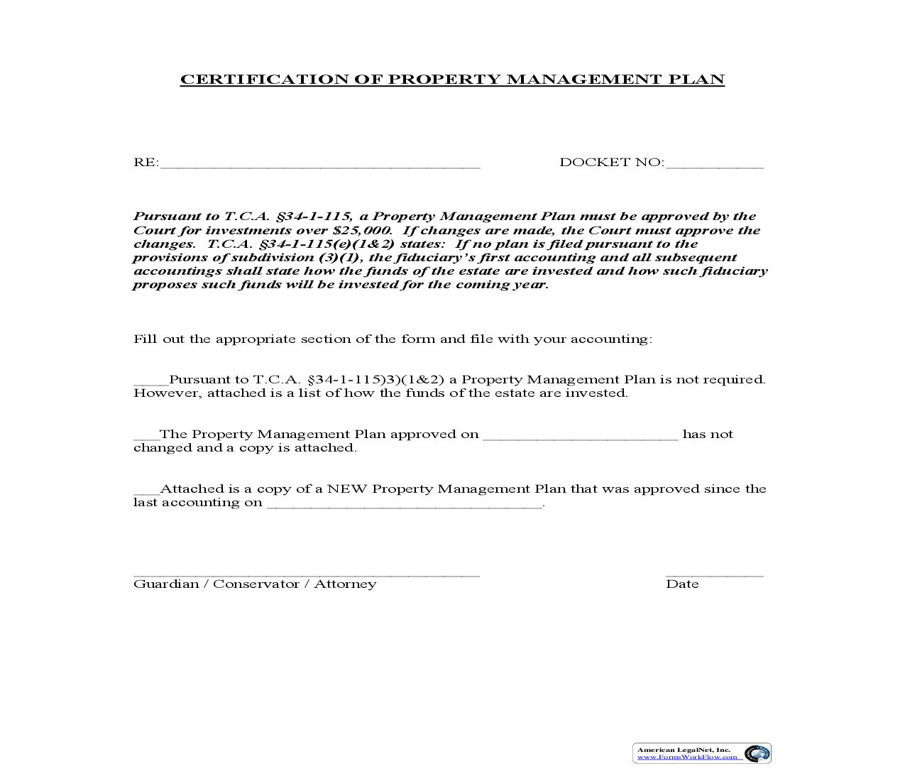 Certification Of Property Management Plan | Pdf Fpdf Doc Docx | Tennessee