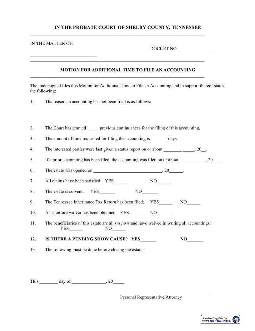 Motion For Additional Time To File Accounting (Attorney Must Present To Court) | Pdf Fpdf Docx | Tennessee