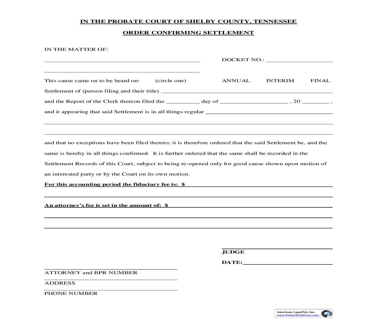 Order Confirming Settlement | Pdf Fpdf Doc Docx | Tennessee