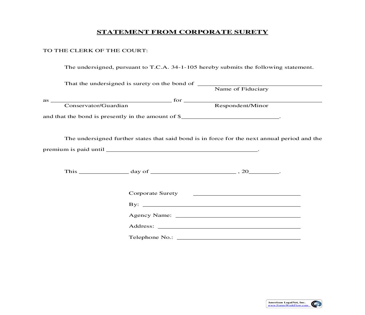 Statement From Corporate Surety | Pdf Fpdf Doc Docx | Tennessee