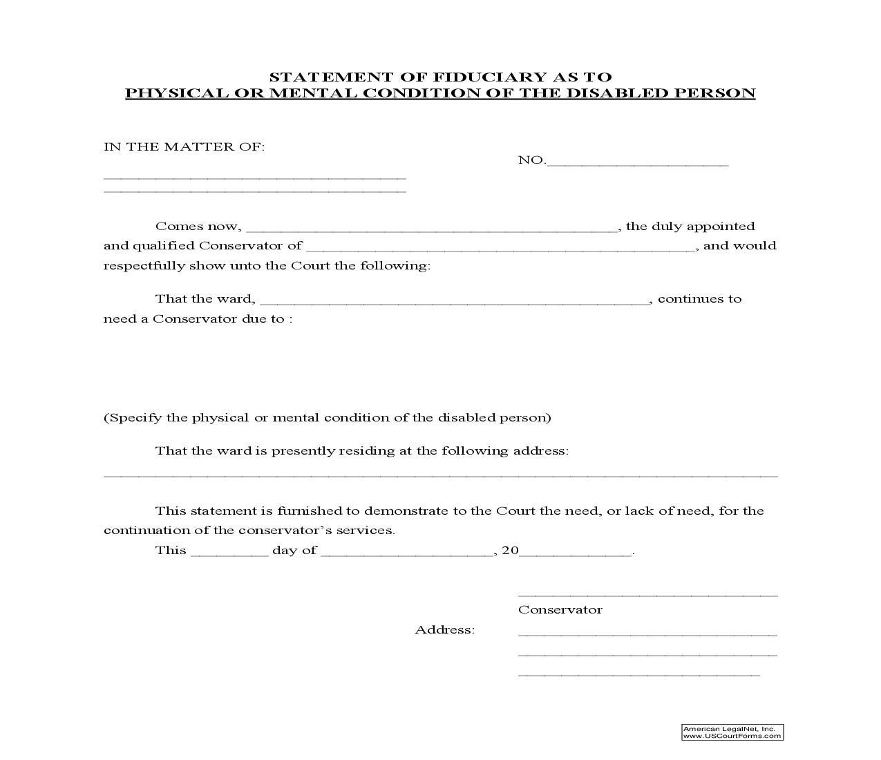 Statement Of Fiduciary As To Physical Or Mental Condition Of Disable Person | Pdf Fpdf Doc Docx | Tennessee