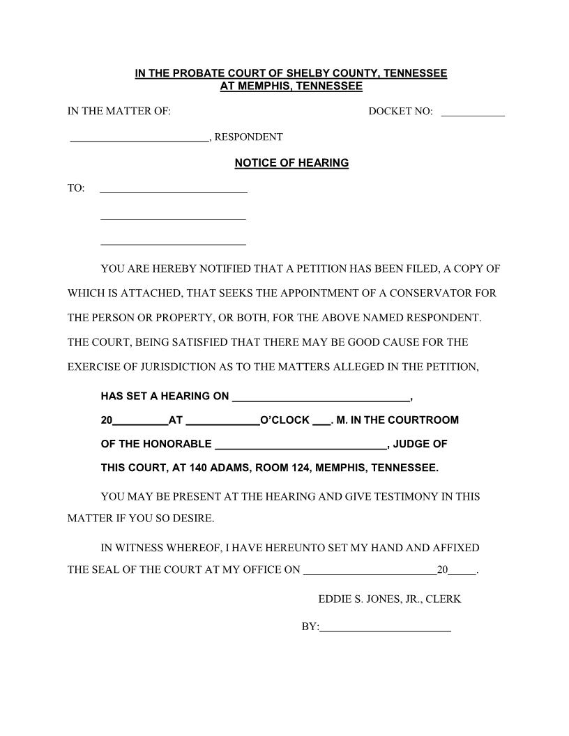 Notice Of Hearing Conservator | Pdf Fpdf Docx | Tennessee