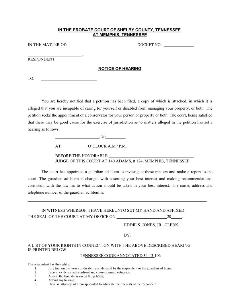 Notice Of Hearing Guardian | Pdf Fpdf Docx | Tennessee