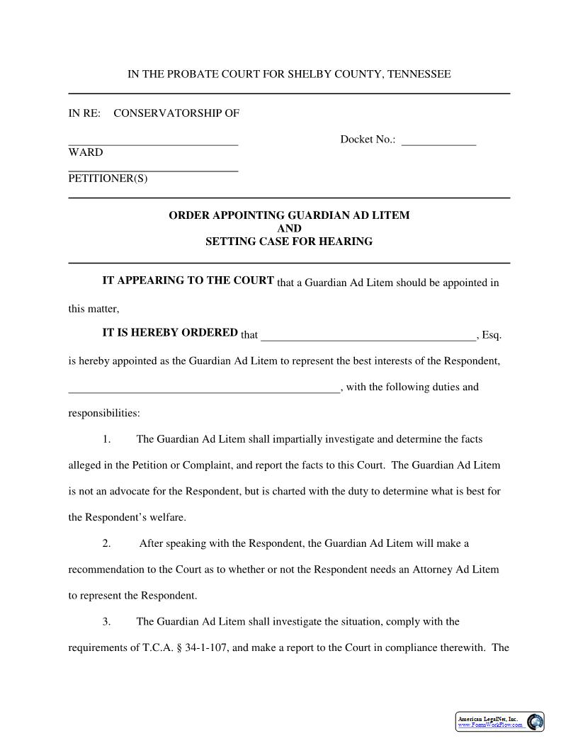 Order Appointing Guardian Ad Litem And Setting Hearing Date | Pdf Fpdf Docx | Tennessee