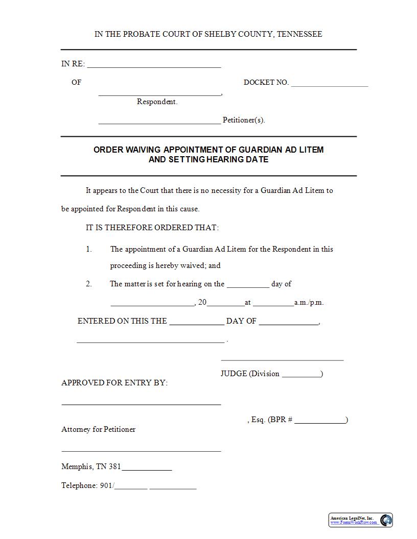 Order Waiving Appointment Of Guardian Ad Litem | Pdf Fpdf Docx | Tennessee