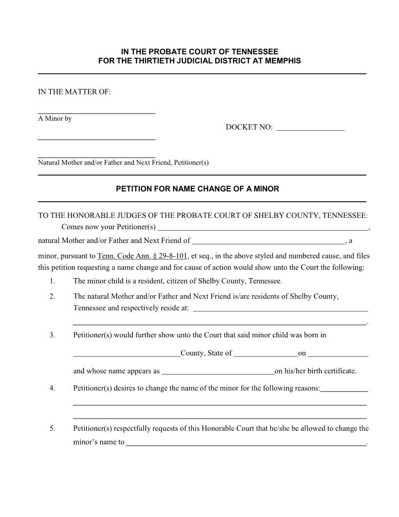Petition For Name Change Of A Minor | Pdf Fpdf Docx | Tennessee