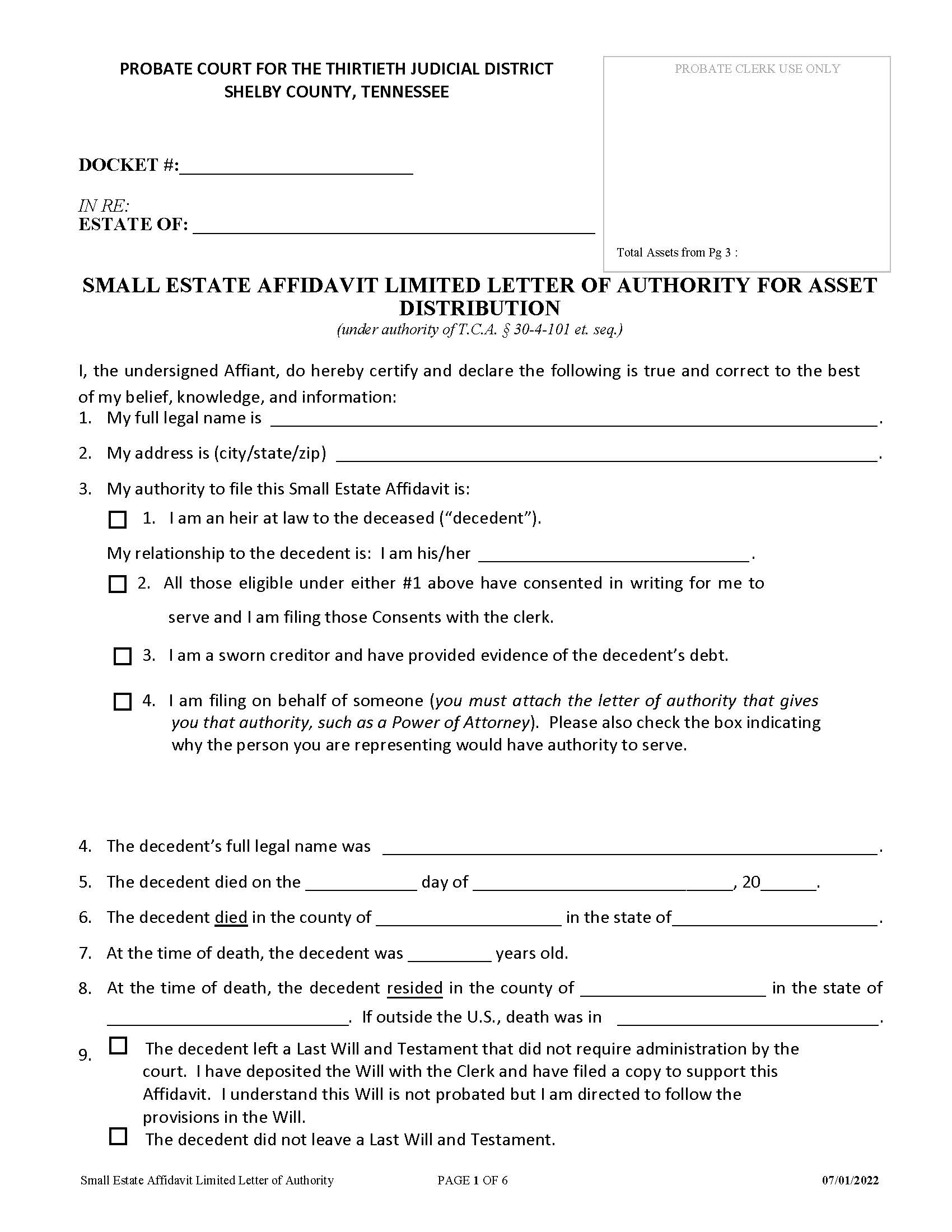 Small Estate Affidavit Limited Letter of Authority | Pdf Fpdf Docx | Tennessee