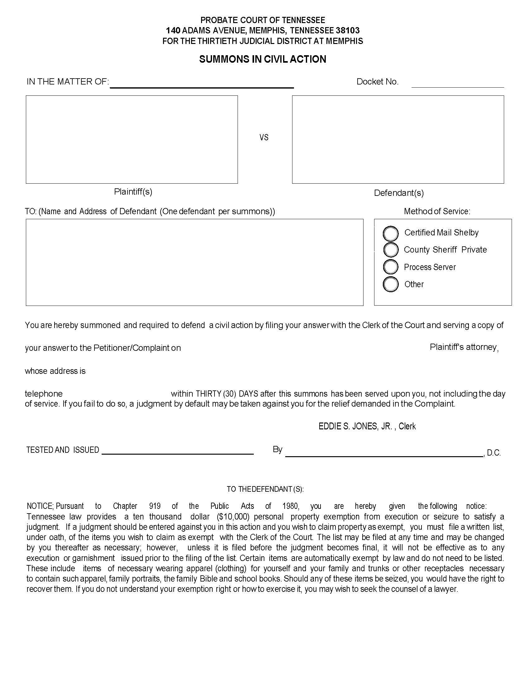 Summons In Civil Action | Pdf Fpdf Docx | Tennessee