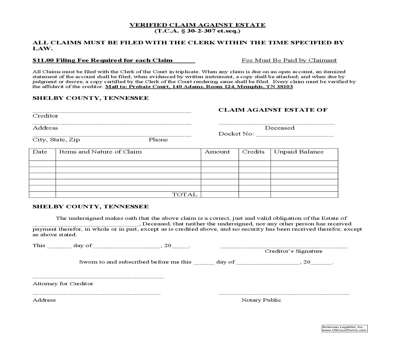 Verified Claim Against Estate Pursuant To TCA Section 30-2-307 Et. Seq. | Pdf Fpdf Doc Docx | Tennessee