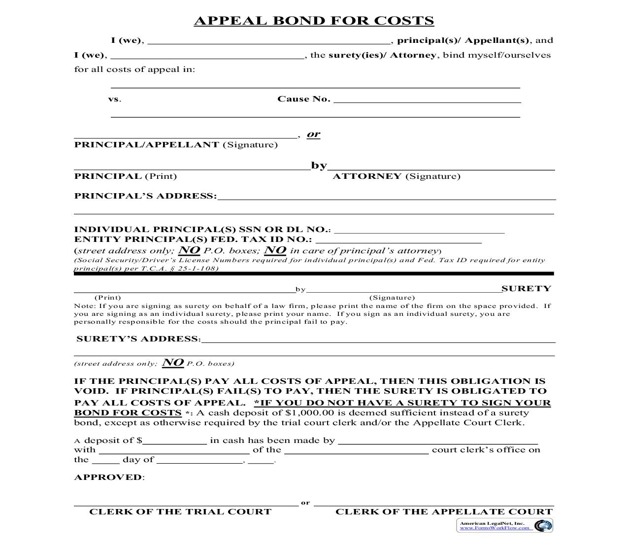 Appeal Bond For Costs | Pdf Fpdf Doc Docx | Tennessee