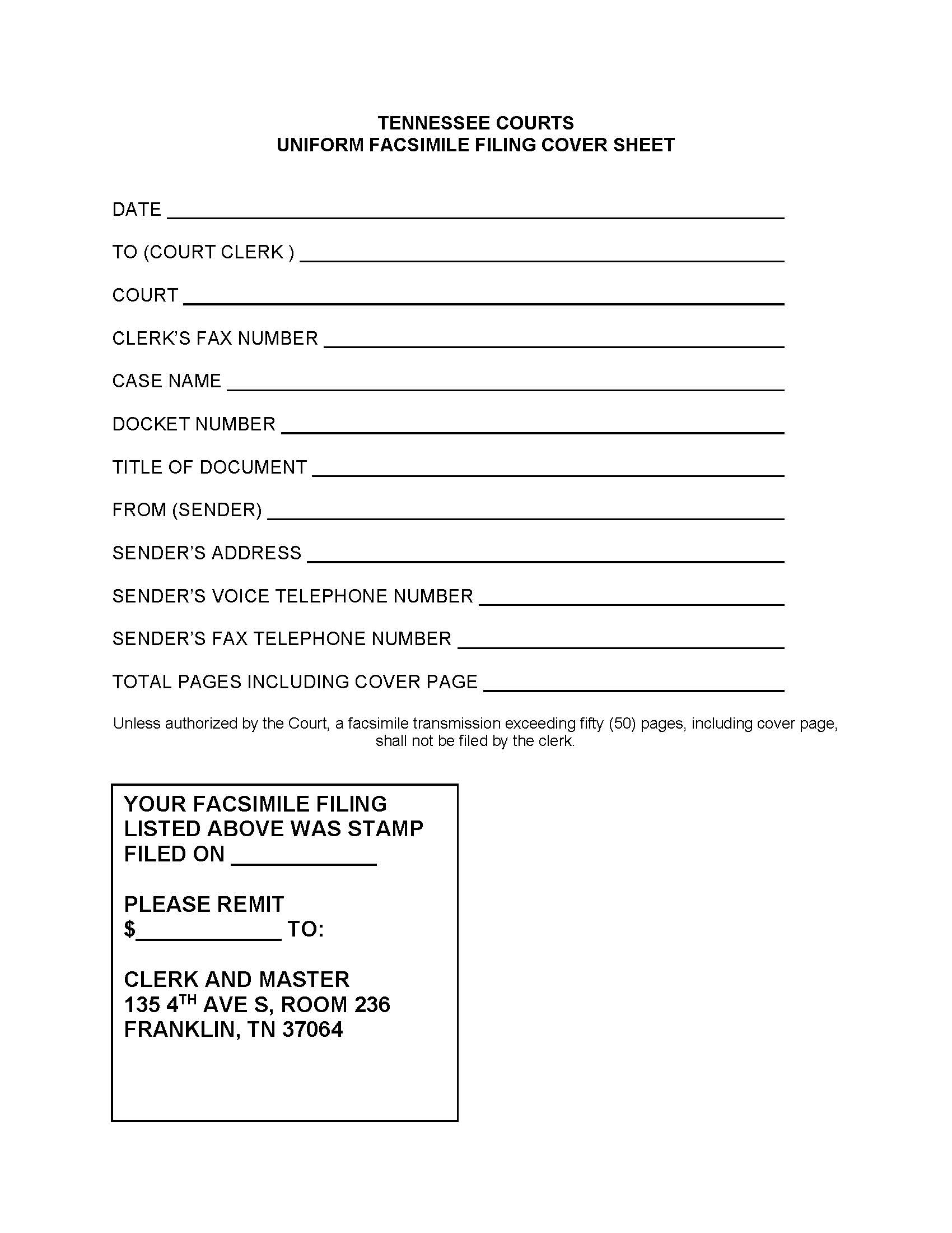 Fax Filing Cover Sheet | Pdf Fpdf Doc Docx | Tennessee