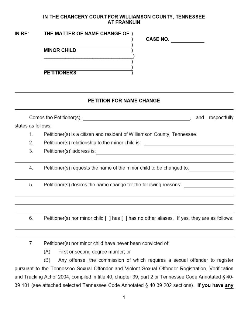 Petition For Name Change - Minor | Pdf Fpdf Doc Docx | Tennessee