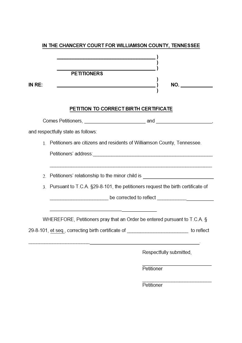 Petition To Correct Birth Certificate - Minor | Pdf Fpdf Doc Docx | Tennessee