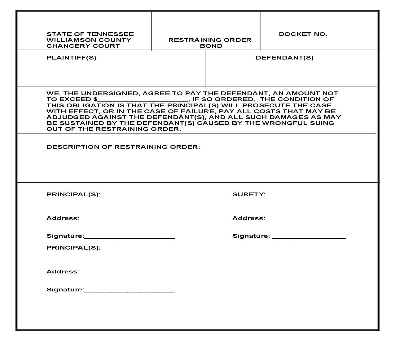 Restraining Order Bond | Pdf Fpdf Doc Docx | Tennessee