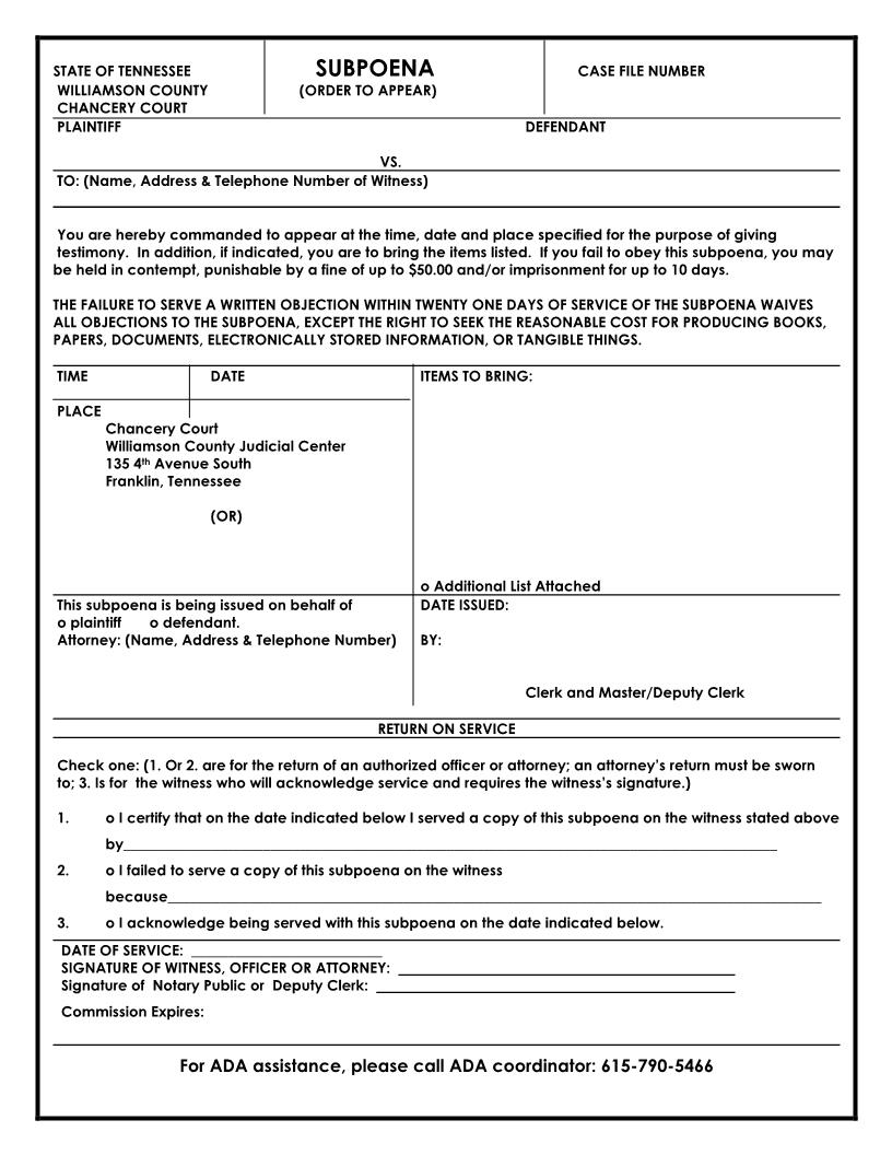 Subpoena (Order To Appear) | Pdf Fpdf Doc Docx | Tennessee
