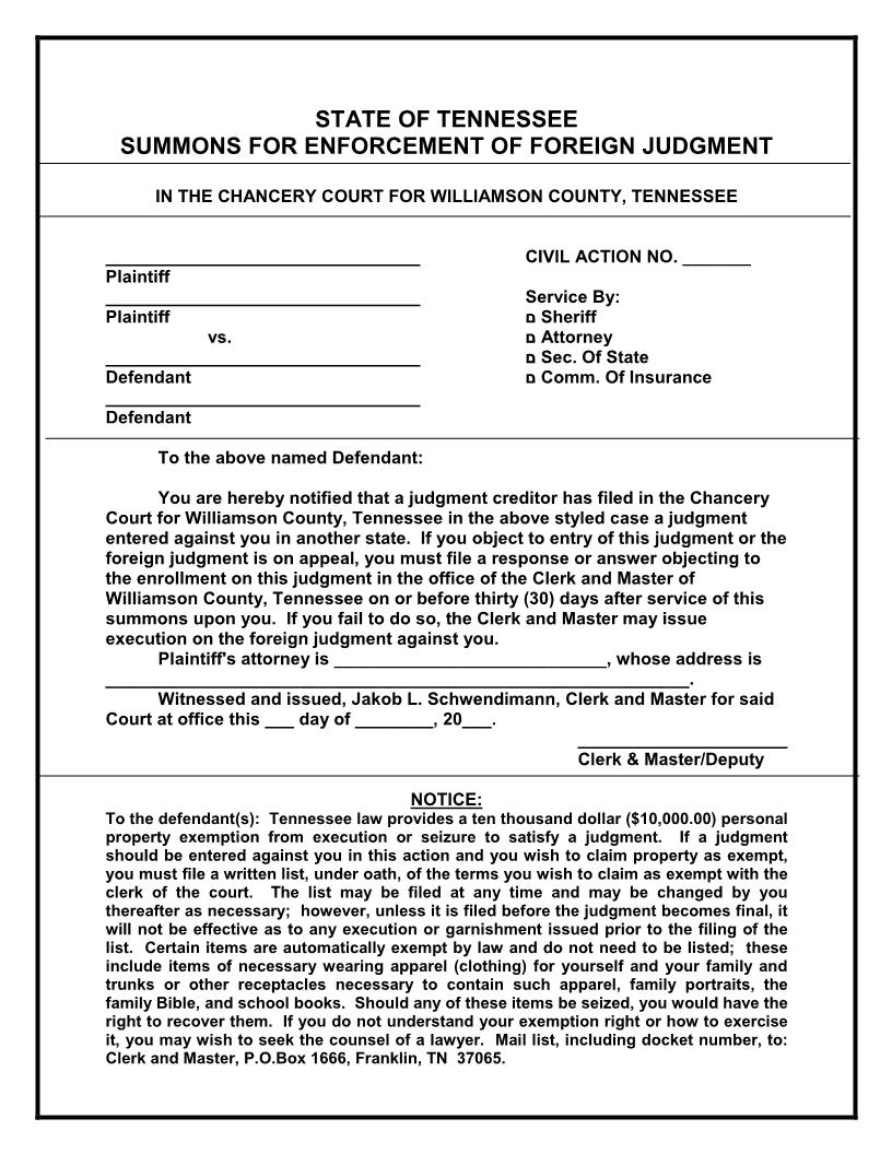 Summons For Enforcement Of Foreign Judgment | Pdf Fpdf Docx | Tennessee