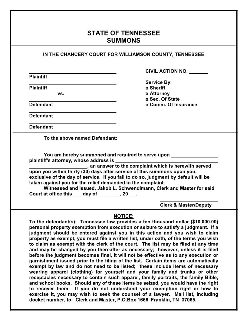Summons | Pdf Fpdf Doc Docx | Tennessee