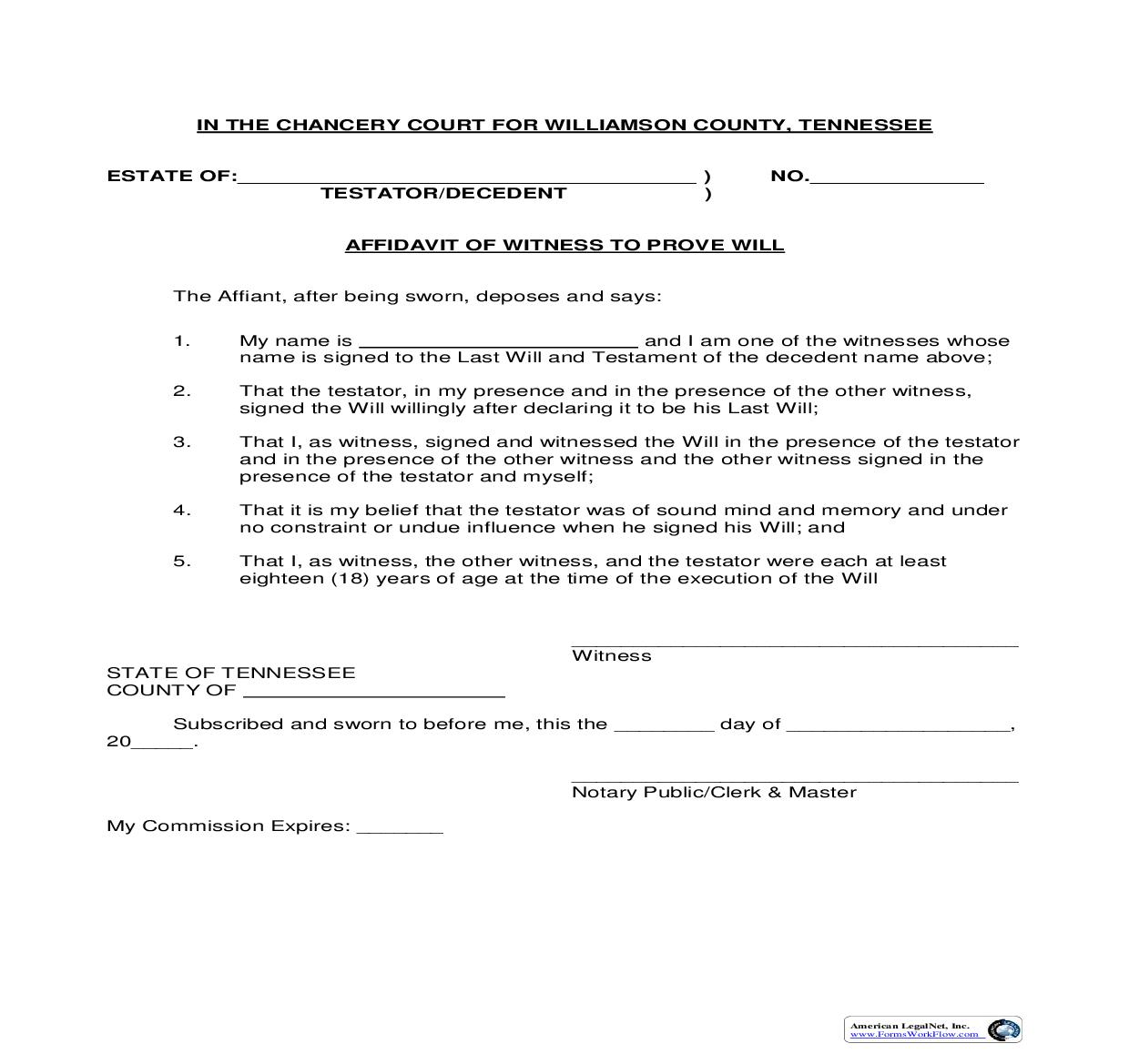 Affidavit Of Witnesses To Prove Will | Pdf Fpdf Doc Docx | Tennessee