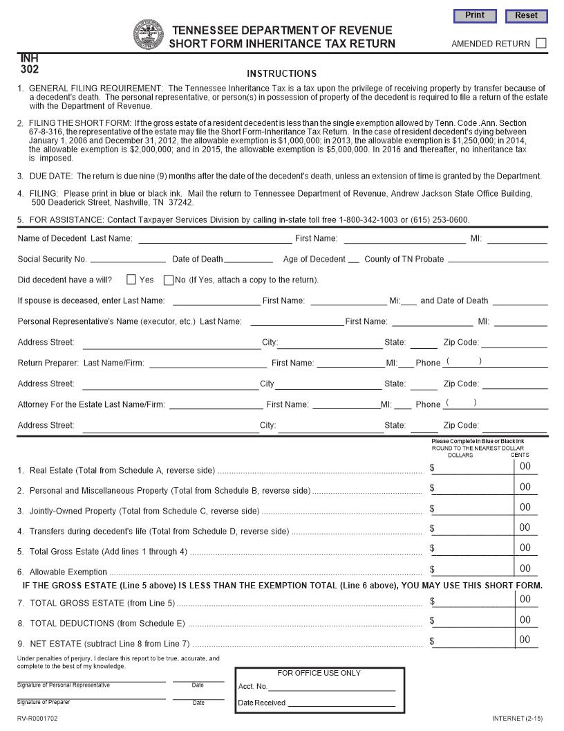 Inheriteance Tax Return {INH 302} | Pdf Fpdf Doc Docx | Tennessee