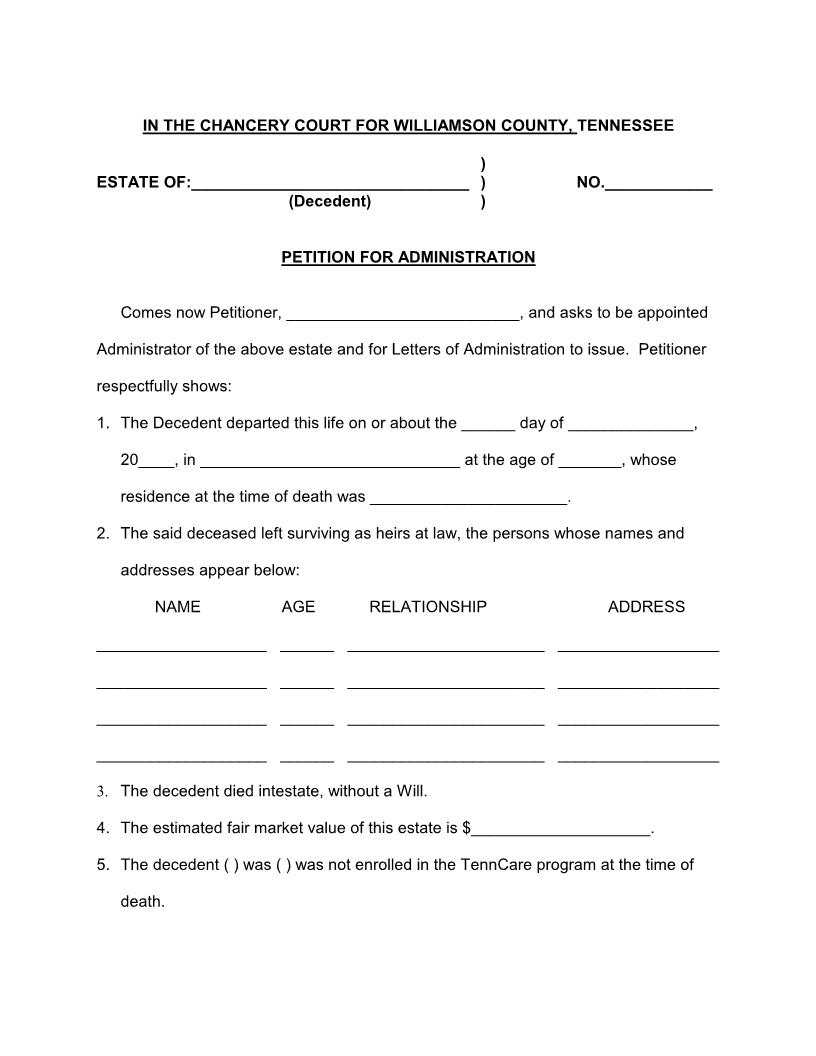Petition For Administration | Pdf Fpdf Docx | Tennessee