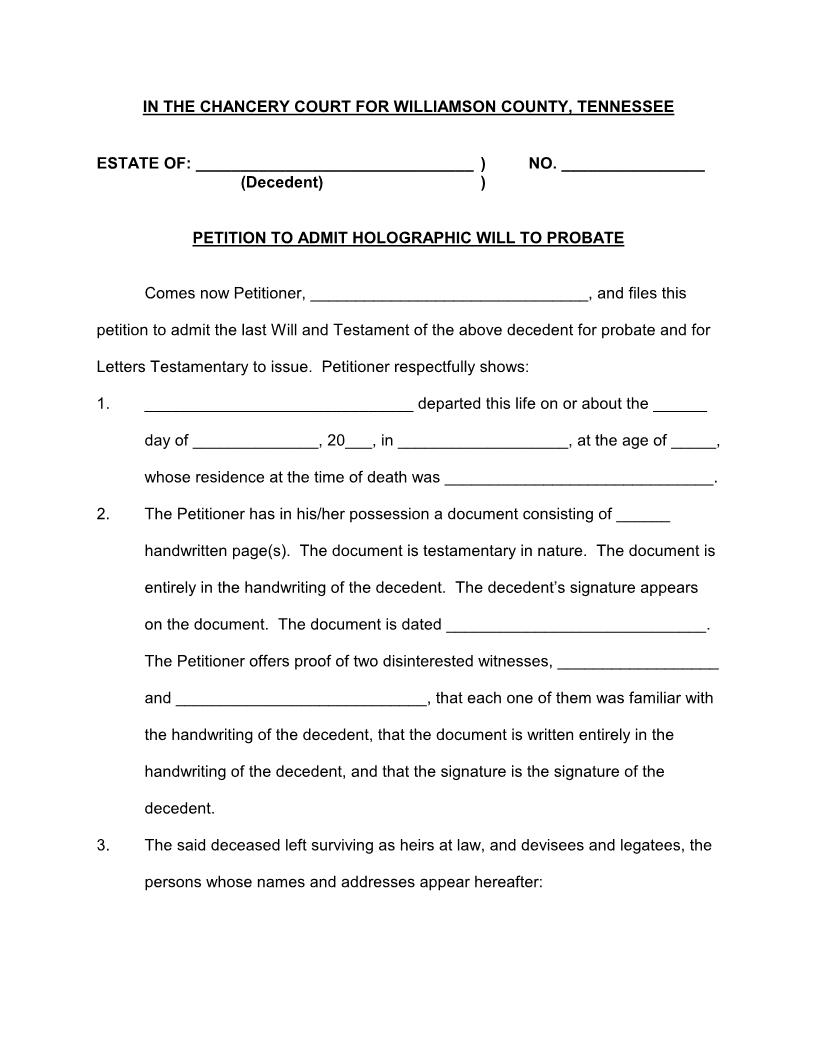 Petition To Admit Holographic Will | Pdf Fpdf Doc Docx | Tennessee